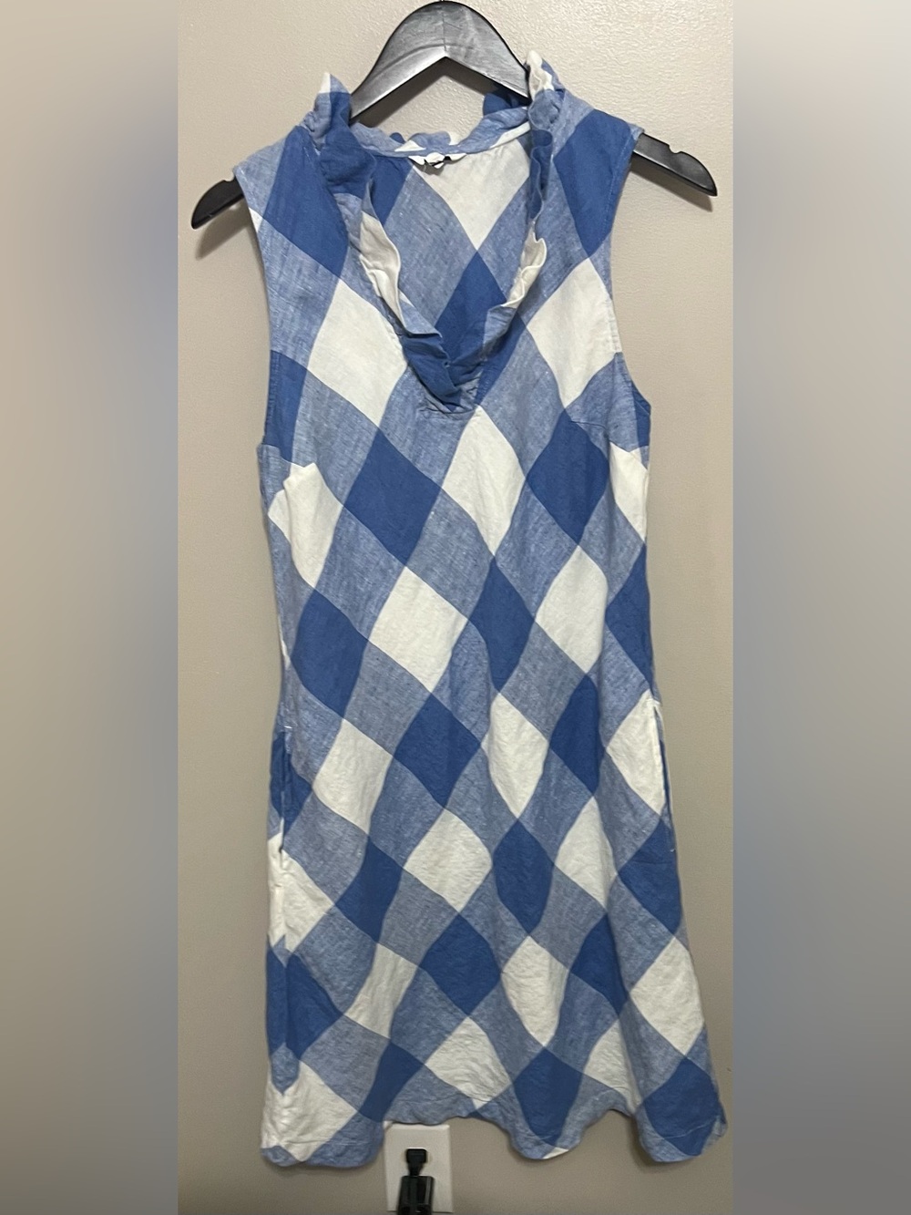 Crown & Ivy Sleeveless Gingham Linen Dress Ruffled Neckline Size Large